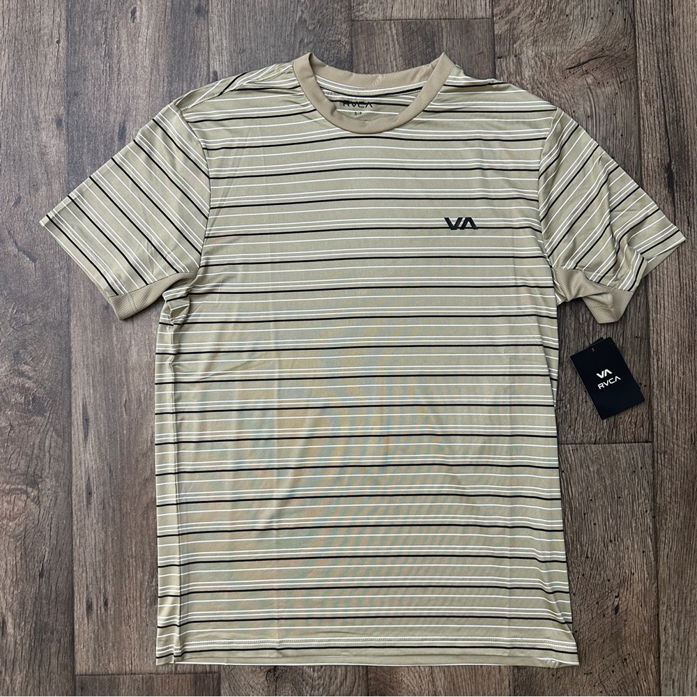 RVCA Breathable UPF 50 Crew T-shirt Men's Size S Striped Khaki Tan